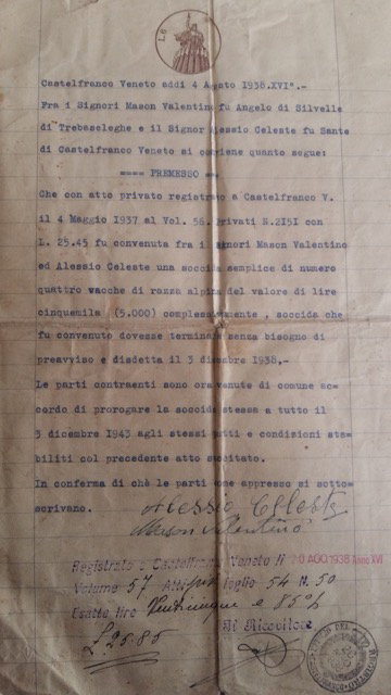 CONTRATTO AGRICOLO TRA CELESTE ALESSIO E VALENTINO MASON (1938)